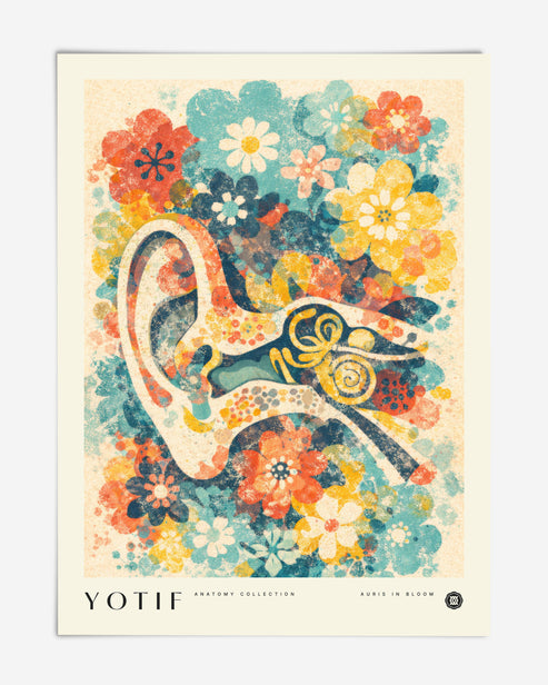 Unframed Auris in Bloom art print featuring a stylized ear amid distressed teal, coral, yellow, and navy flowers.
