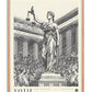Oak-framed Blind Justice art print depicting a blindfolded figure with scales before classical columns and a crowd.