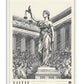 White-framed Blind Justice art print with a blindfolded figure holding scales above a crowded classical scene.
