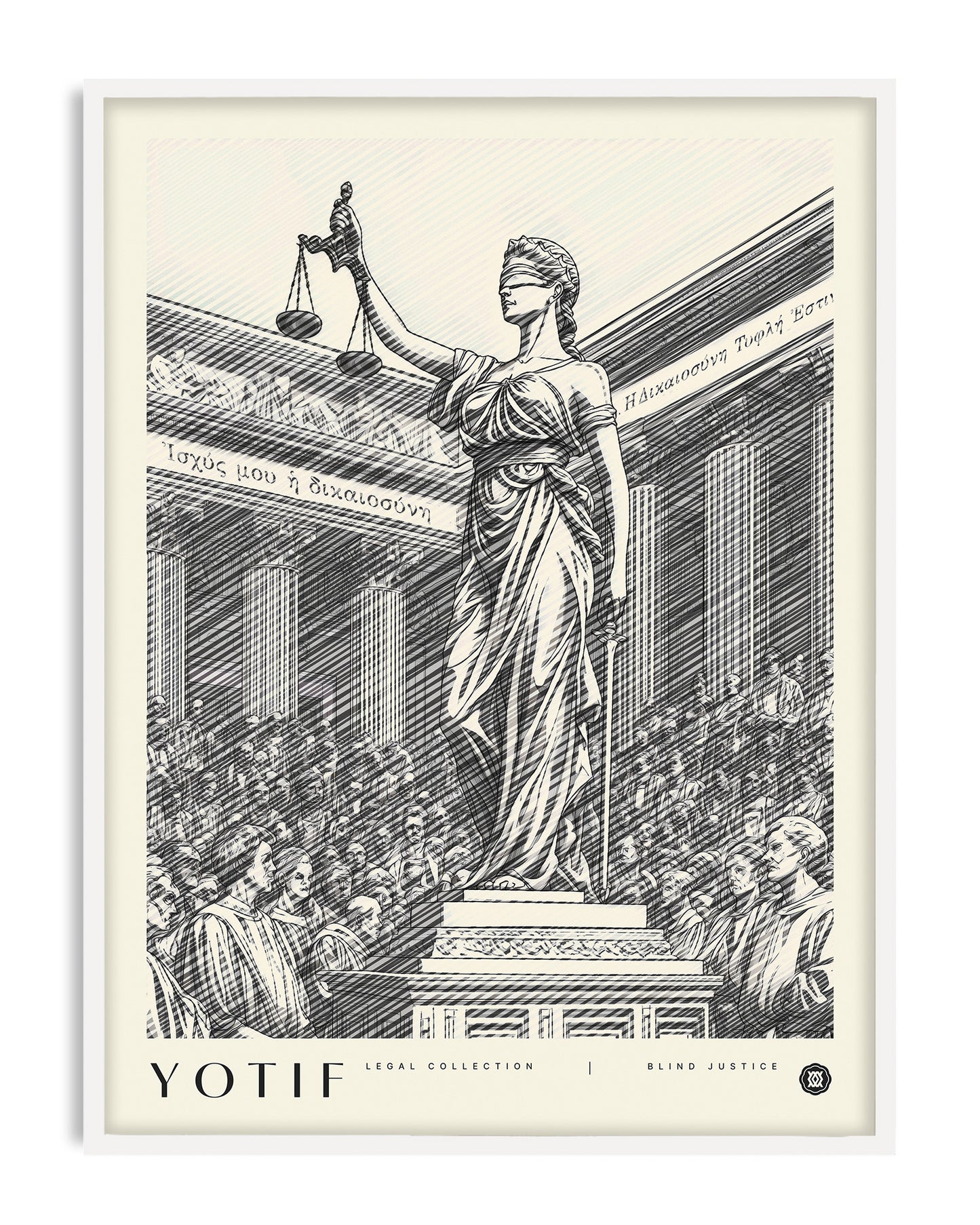 White-framed Blind Justice art print with a blindfolded figure holding scales above a crowded classical scene.