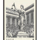 Classical-style illustration of Blind Justice holding scales, surrounded by courtroom figures and Greek text