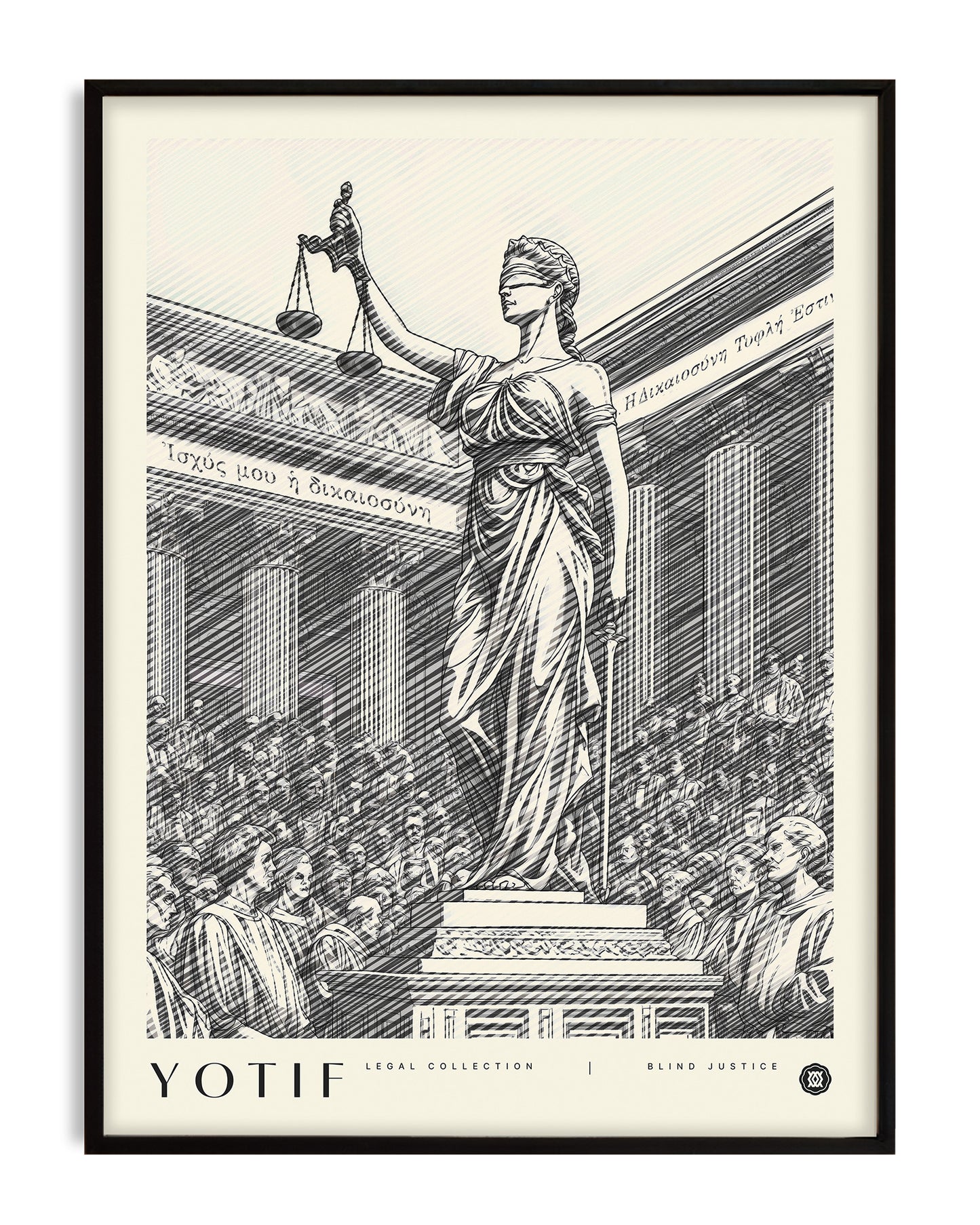 Classical-style illustration of Blind Justice holding scales, surrounded by courtroom figures and Greek text