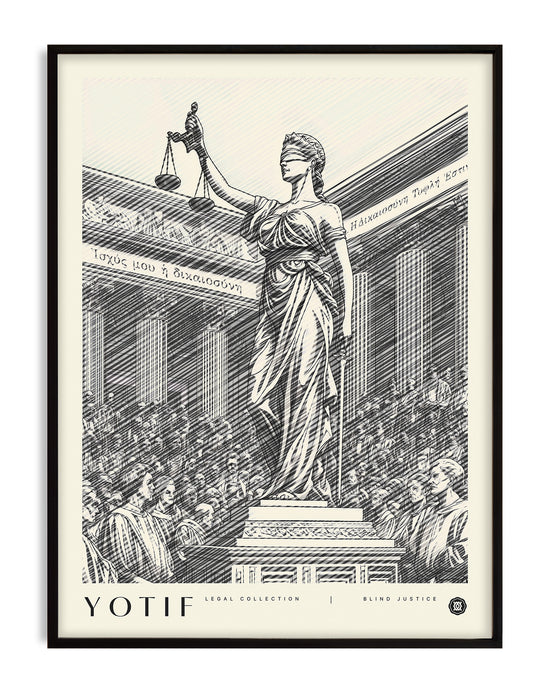 Classical-style illustration of Blind Justice holding scales, surrounded by courtroom figures and Greek text