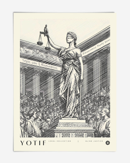 Unframed black-and-white Blind Justice art print depicting a blindfolded figure holding scales before classical columns and a crowd.