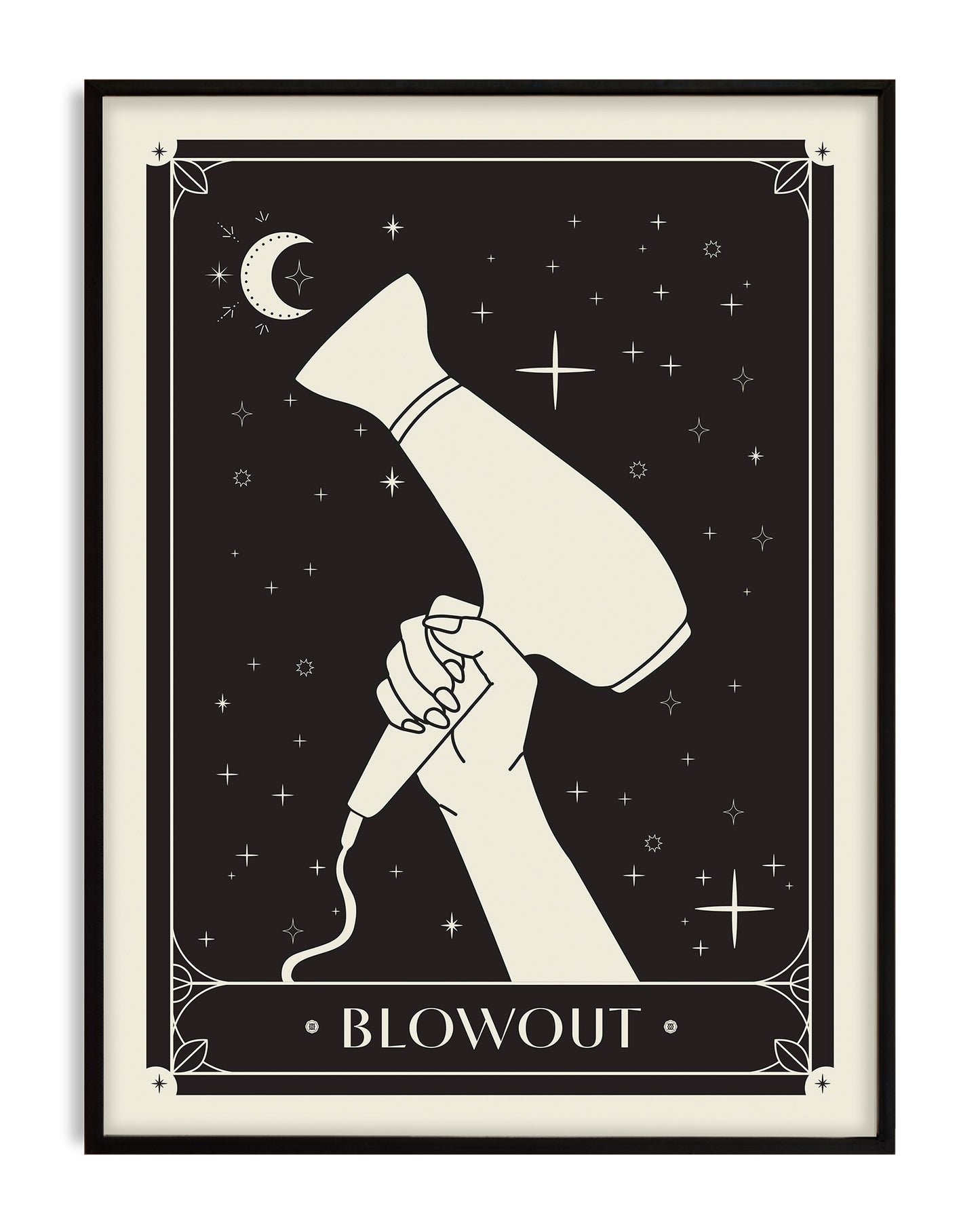 Black-framed Blowout art print depicting a hand holding a hair dryer beneath a crescent moon and stars.