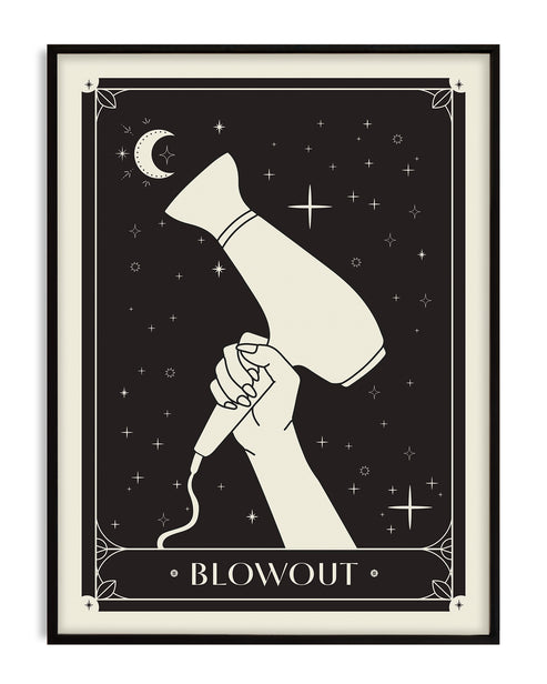 Black-framed Blowout art print depicting a hand holding a hair dryer beneath a crescent moon and stars.