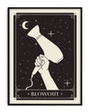 Tarot-style wall art print of a hand holding a blow dryer with celestial stars and moon, labeled “Blowout"