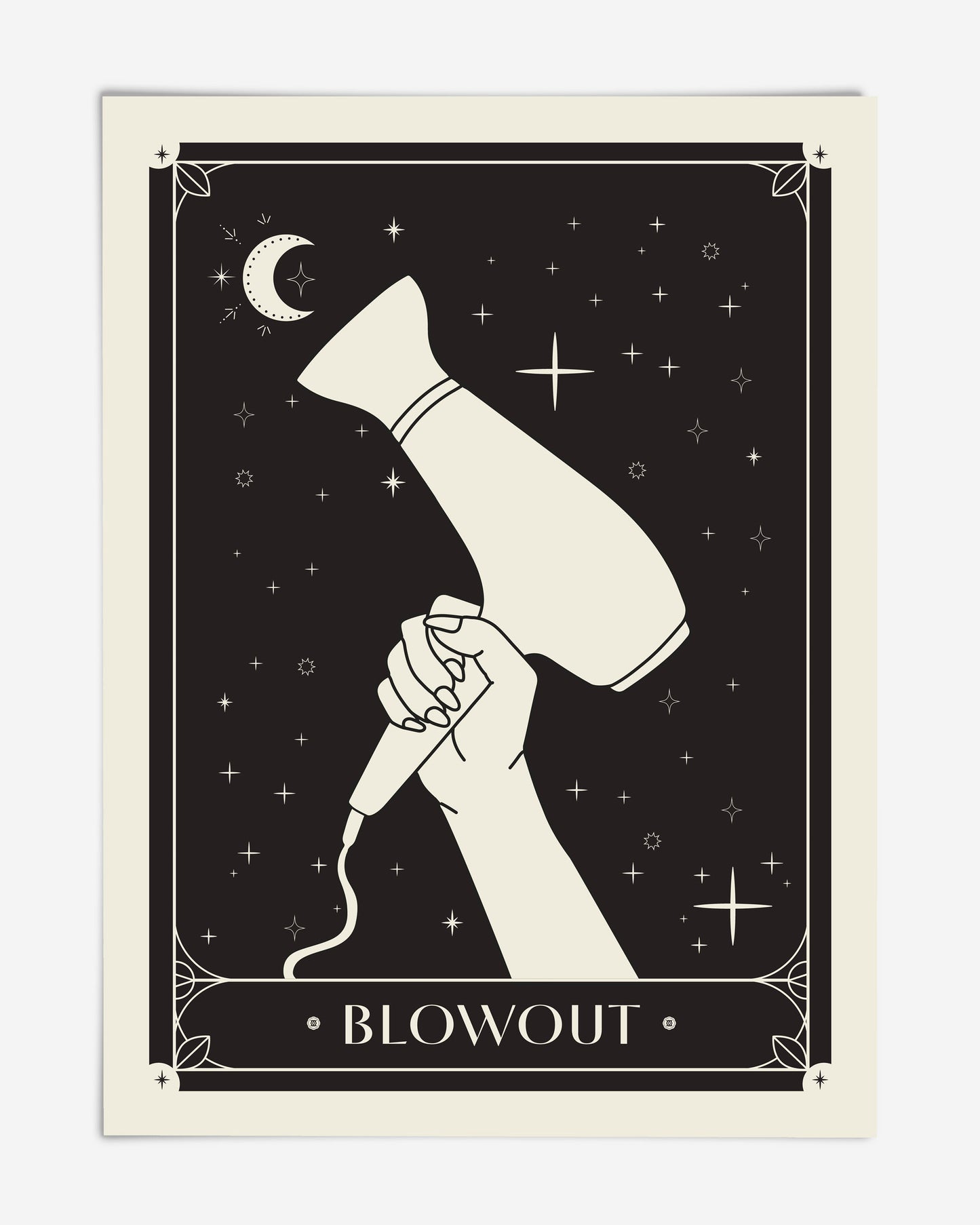 Unframed Blowout art print depicting a hand holding a hair dryer beneath a crescent moon and stars.