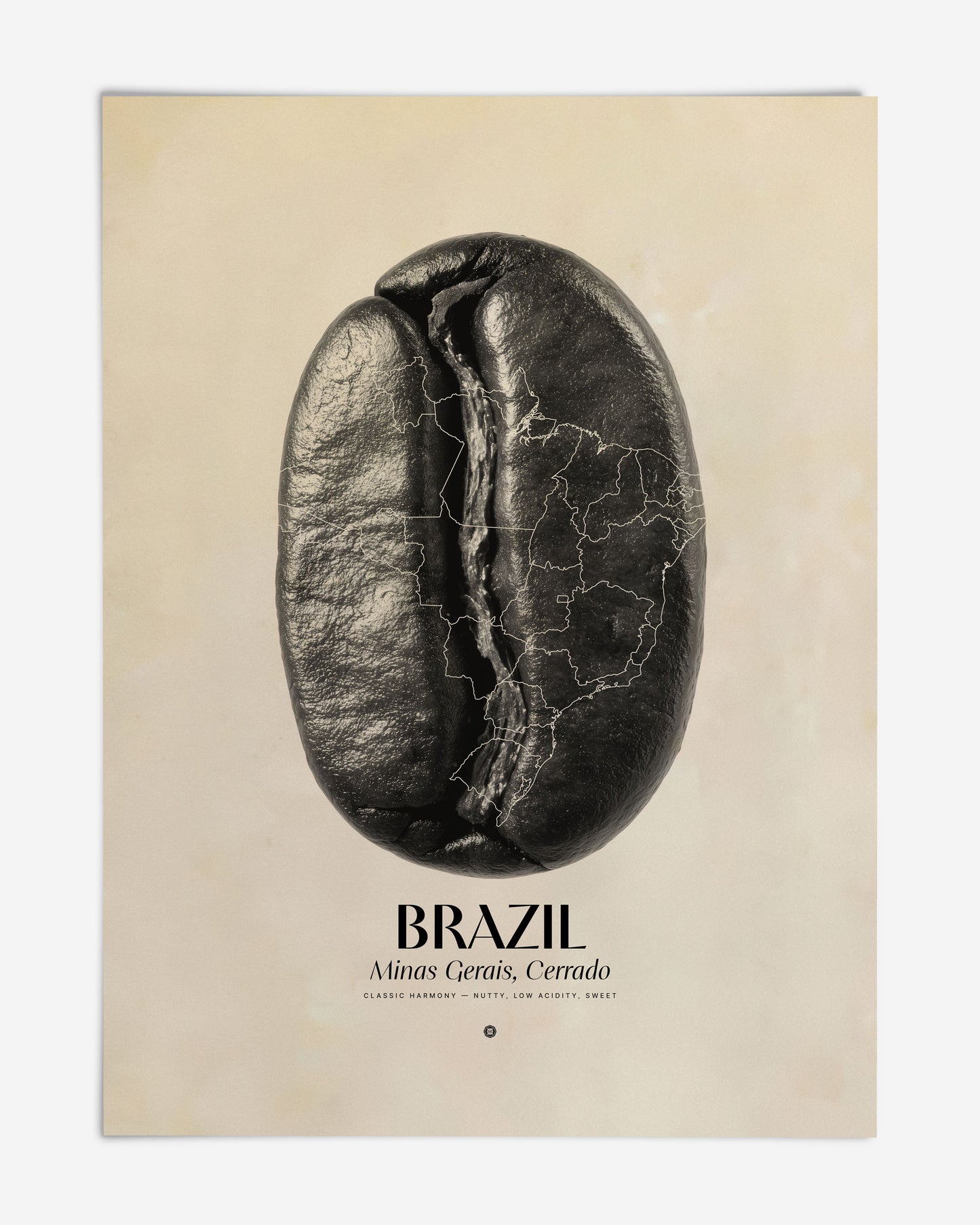 Unframed Brazil Minas Gerais art print featuring a black coffee bean overlaid with a map outline.