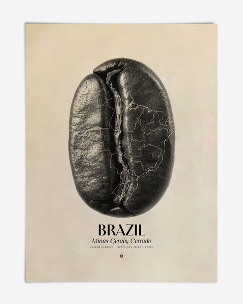 Unframed Brazil Minas Gerais art print featuring a black coffee bean overlaid with a map outline.