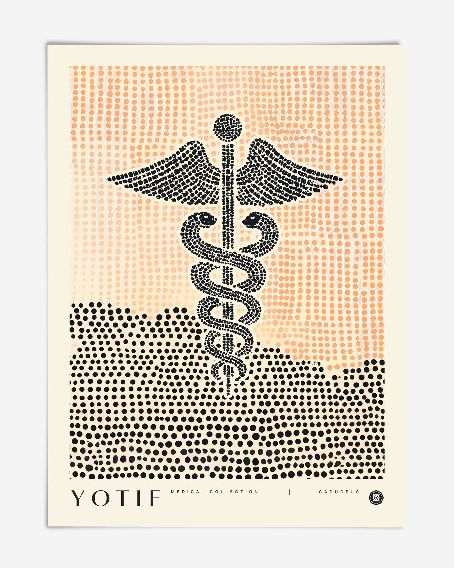 Unframed Caduceus art print featuring a black dotted winged staff and snakes over peach and black halftone fields.