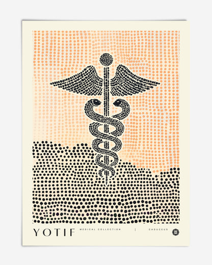 Unframed Caduceus art print featuring a black dotted winged staff and snakes over peach and black halftone fields.