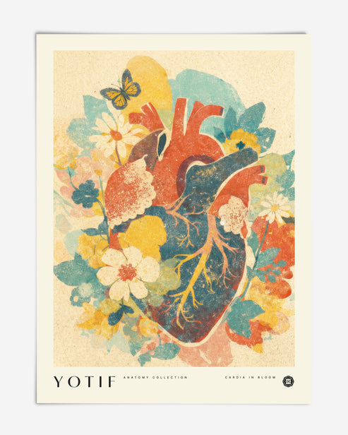 Unframed YOTIF Cardia in Bloom art print with an anatomical heart, colorful flowers, and a butterfly.