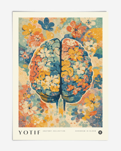 Unframed Cerebrum in Bloom art print depicting a brain filled with blue, orange, yellow, and cream flowers.