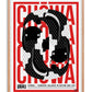 Oak-framed Chōwa artwork featuring intertwined black-and-white koi fish over bold red lettering.