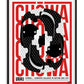 Modern koi fish wall art print titled “Chōwa,” featuring two koi in a yin-yang composition with bold red typography
