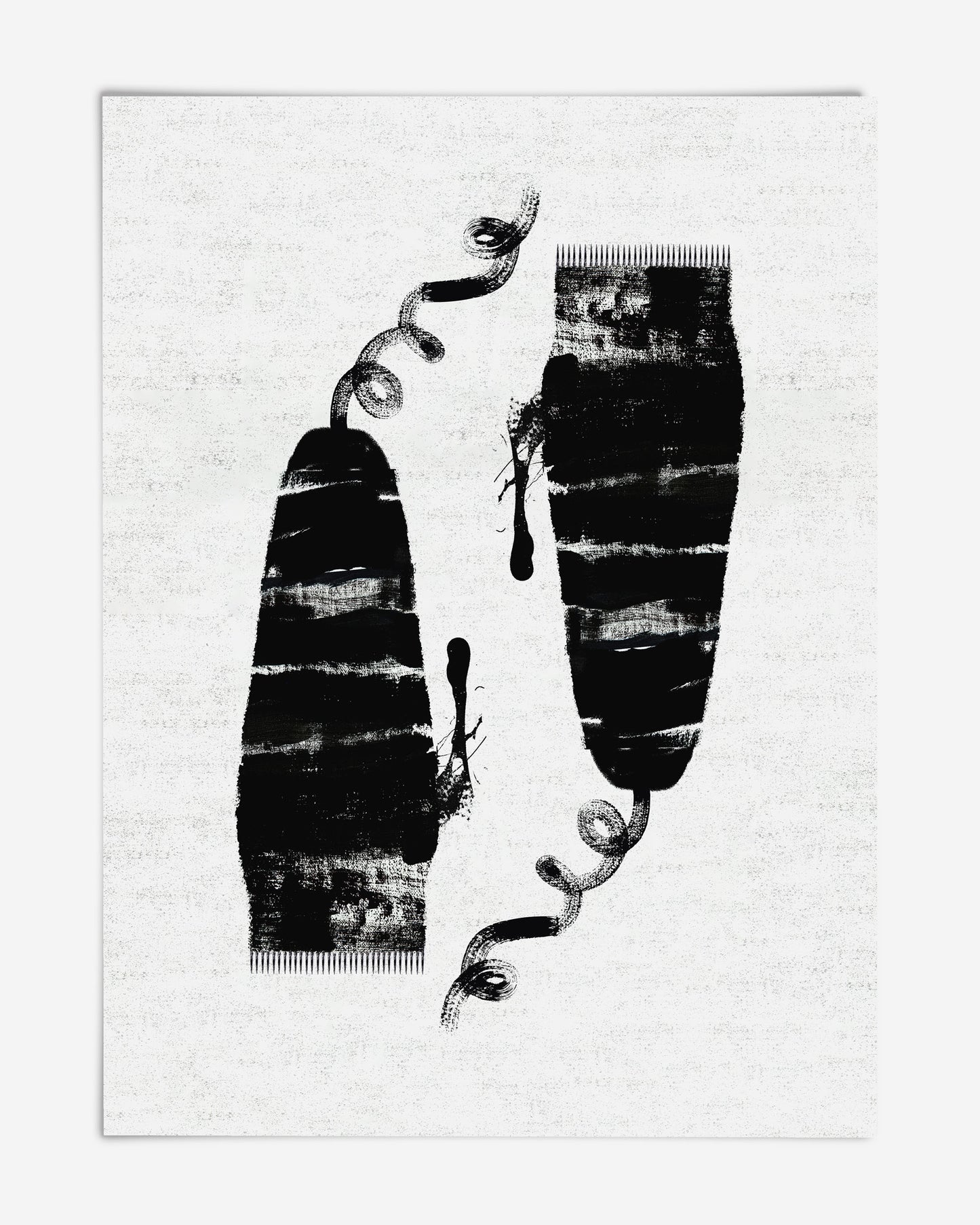 Unframed abstract art print with two elongated textured black forms, curling lines, and ink drips on white.