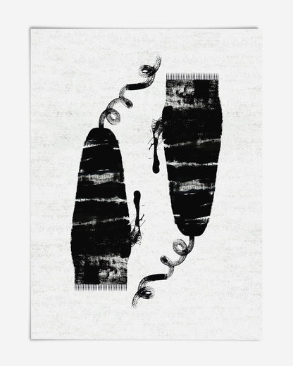 Unframed abstract art print with two elongated textured black forms, curling lines, and ink drips on white.