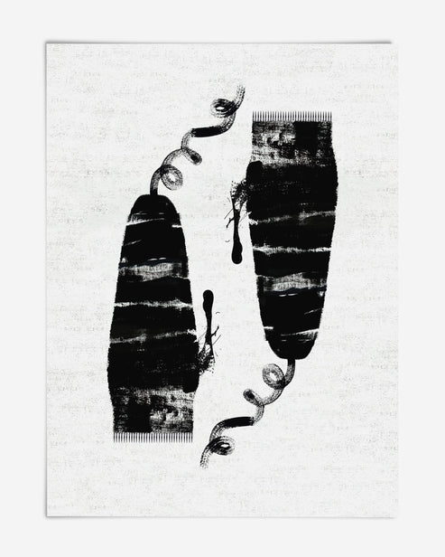 Unframed abstract art print with two elongated textured black forms, curling lines, and ink drips on white.
