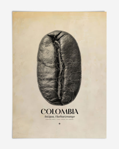 Unframed Colombia Antigua, Huehuetenango art print featuring a black coffee bean overlaid with map outlines.