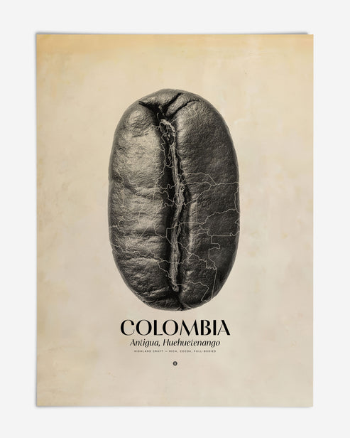 Unframed Colombia Antigua, Huehuetenango art print featuring a black coffee bean overlaid with map outlines.
