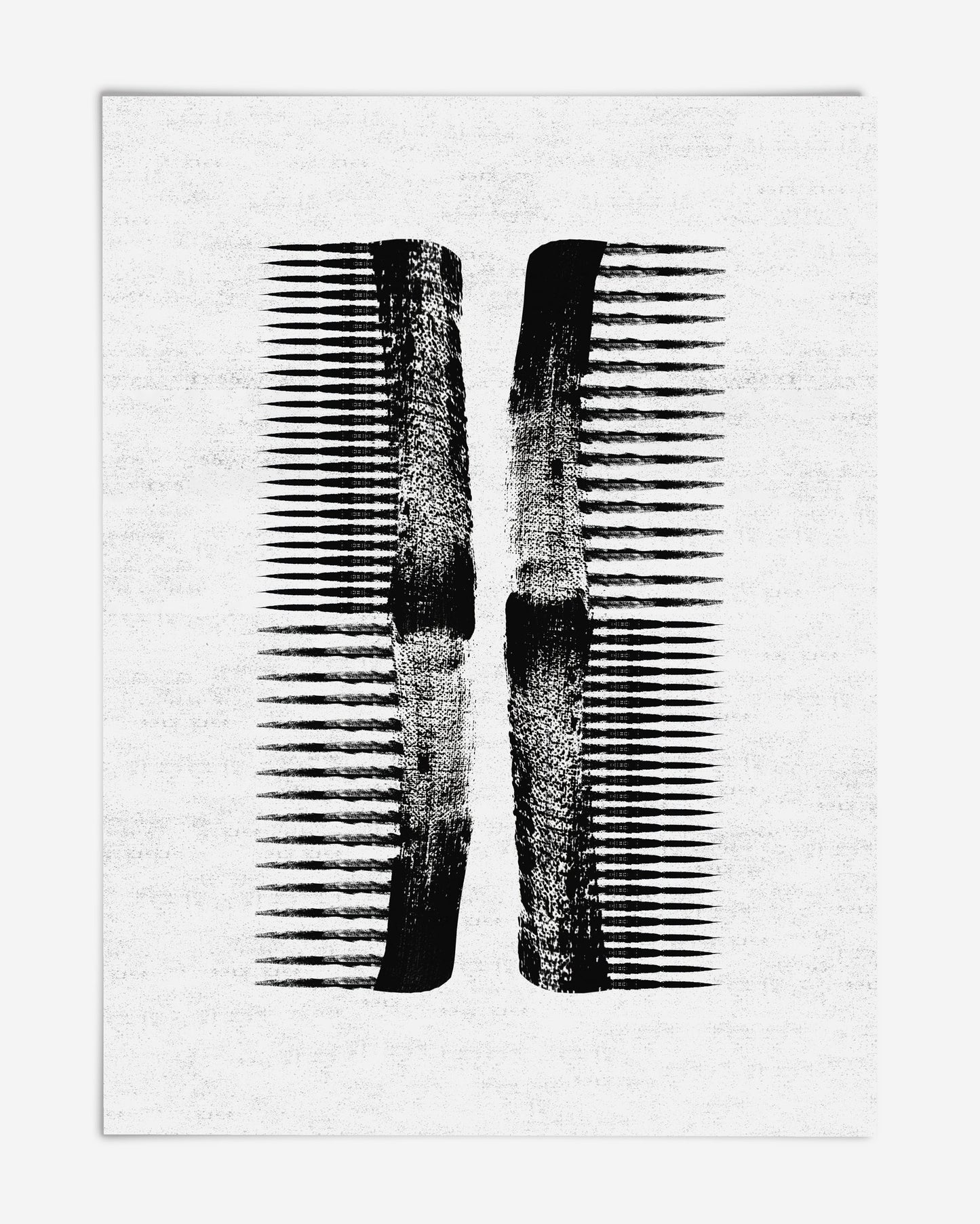 Unframed abstract art print featuring two mirrored, distressed black comb-like forms on white.
