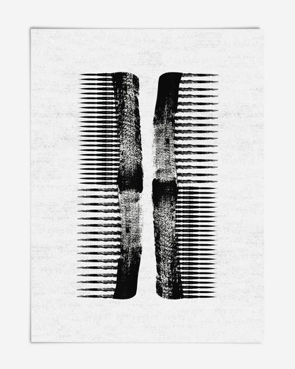 Unframed abstract art print featuring two mirrored, distressed black comb-like forms on white.