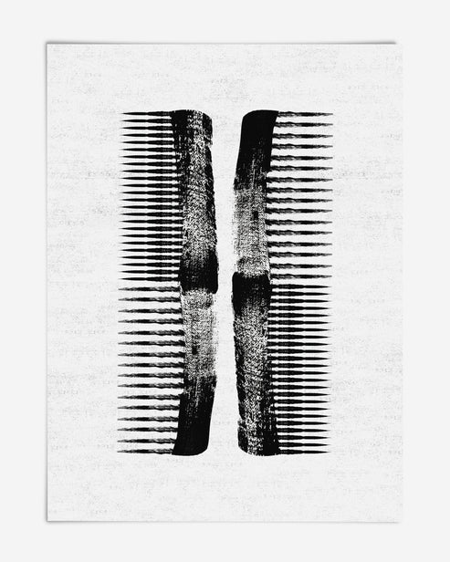 Unframed abstract art print featuring two mirrored, distressed black comb-like forms on white.