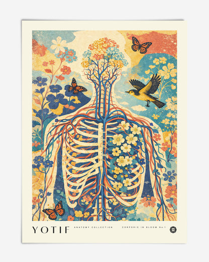 Unframed YOTIF Corporis in Bloom No. 1 art print featuring a rib cage, red and blue vessels, flowers, butterflies, and a flying bird.