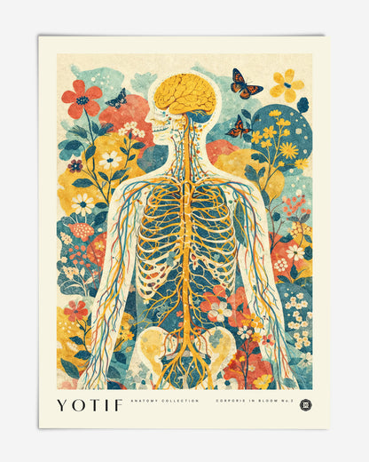 Unframed floral anatomy art print showing a skeleton, circulatory system, flowers, and butterflies.