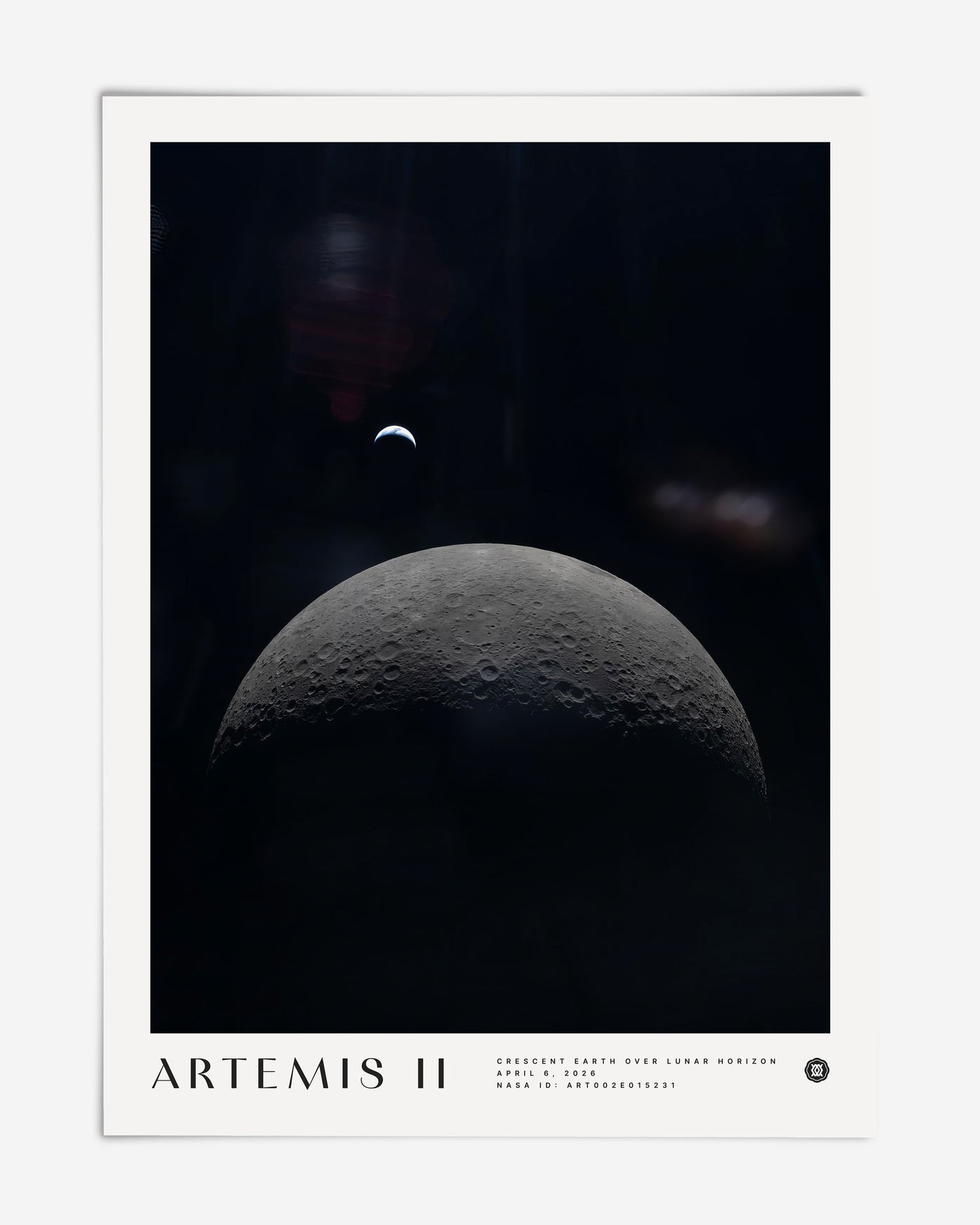 Unframed Artemis II art print showing a crescent Earth above the cratered lunar horizon against black space.