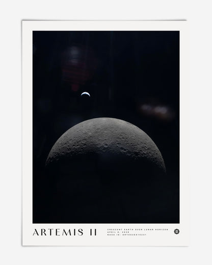 Unframed Artemis II art print showing a crescent Earth above the cratered lunar horizon against black space.