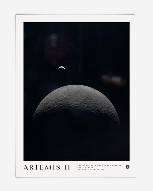Unframed Artemis II art print showing a crescent Earth above the cratered lunar horizon against black space.