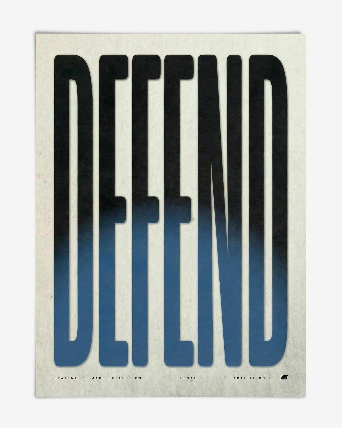 Unframed Defend art print with oversized elongated black letters fading into blue on textured cream paper.
