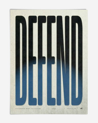 Unframed Defend art print with oversized elongated black letters fading into blue on textured cream paper.
