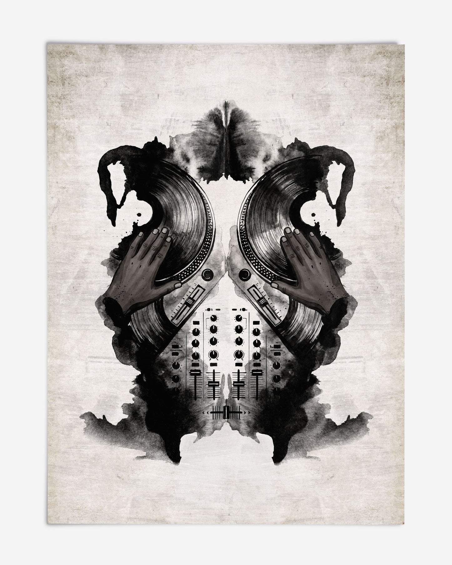Unframed symmetrical black-and-white DJ artwork with hands on two records above a mixing console.
