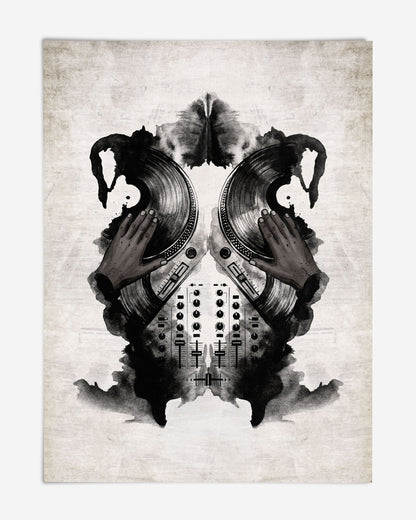 Unframed symmetrical black-and-white DJ artwork with hands on two records above a mixing console.