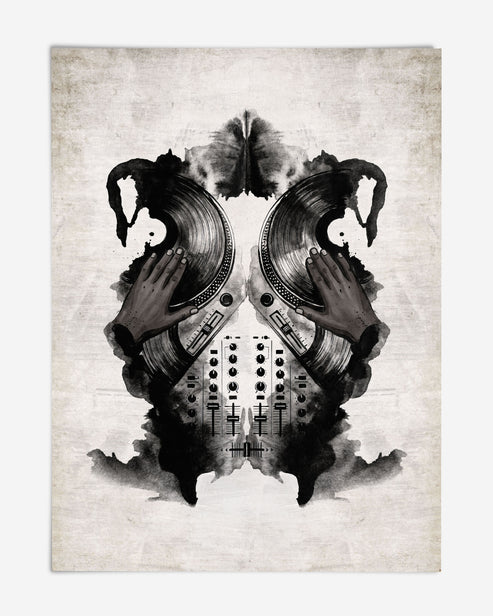 Unframed symmetrical black-and-white DJ artwork with hands on two records above a mixing console.