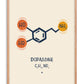 Oak-framed dopamine artwork showing a navy molecular structure with orange and yellow chemical groups on a cream background.