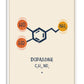 White-framed dopamine artwork showing a navy molecular structure with orange and yellow chemical groups on a cream background.
