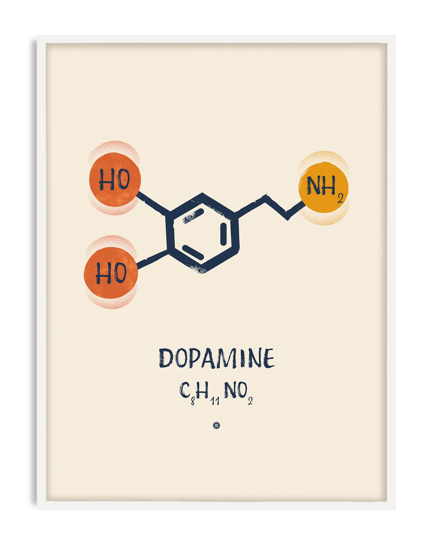White-framed dopamine artwork showing a navy molecular structure with orange and yellow chemical groups on a cream background.