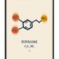 Black-framed dopamine artwork showing a navy molecular structure with orange and yellow chemical groups on a cream background.