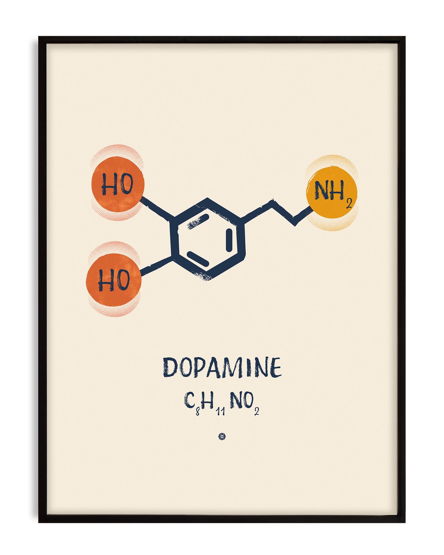 Black-framed dopamine artwork showing a navy molecular structure with orange and yellow chemical groups on a cream background.
