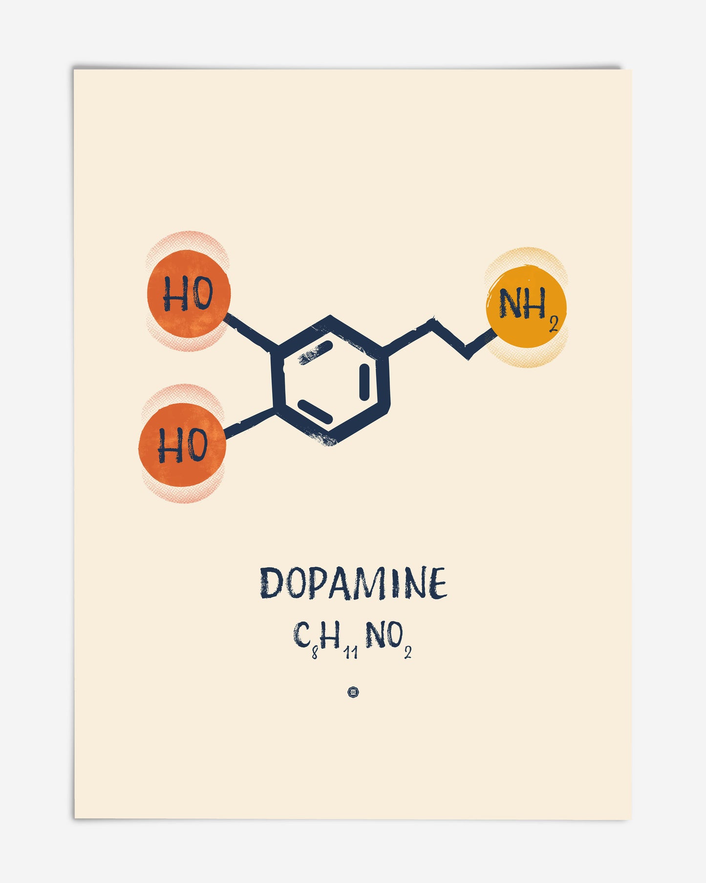 Unframed dopamine art print showing a navy molecular structure with orange and yellow chemical groups on a cream background.