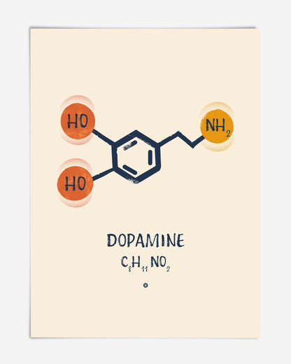 Unframed dopamine art print showing a navy molecular structure with orange and yellow chemical groups on a cream background.
