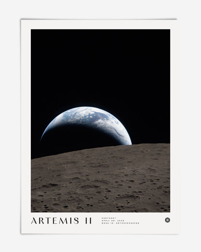 Unframed Artemis II Earthset art print showing Earth above the cratered lunar surface against black space.