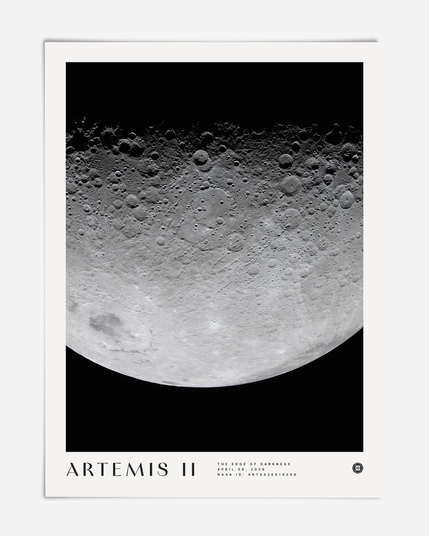 Unframed Artemis II art print featuring a detailed cratered lunar surface against black space.