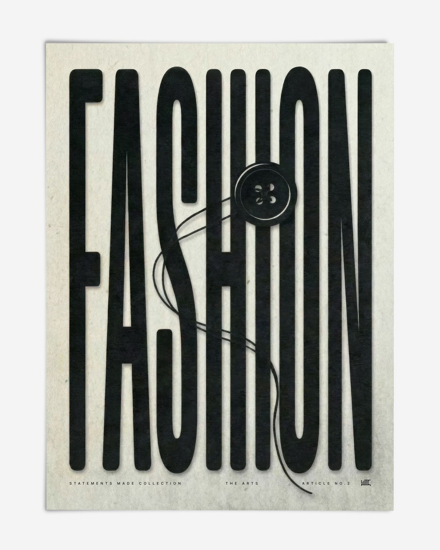 Unframed FASHION typography art print with an oversized button and looping black thread.