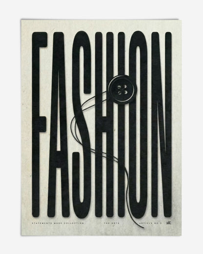 Unframed FASHION typography art print with an oversized button and looping black thread.