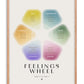 Oak-framed Feelings Wheel art print with six softly colored sections labeled joy, sadness, fear, anger, disgust, and surprise.